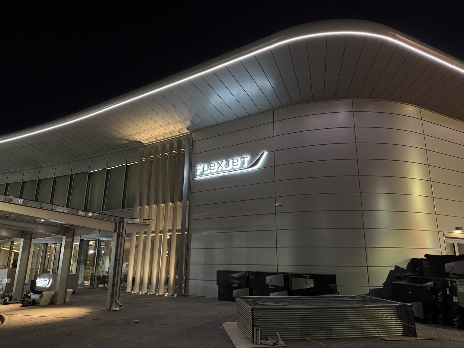 Exterior of the Flexjet Farnborough Airport terminal at night